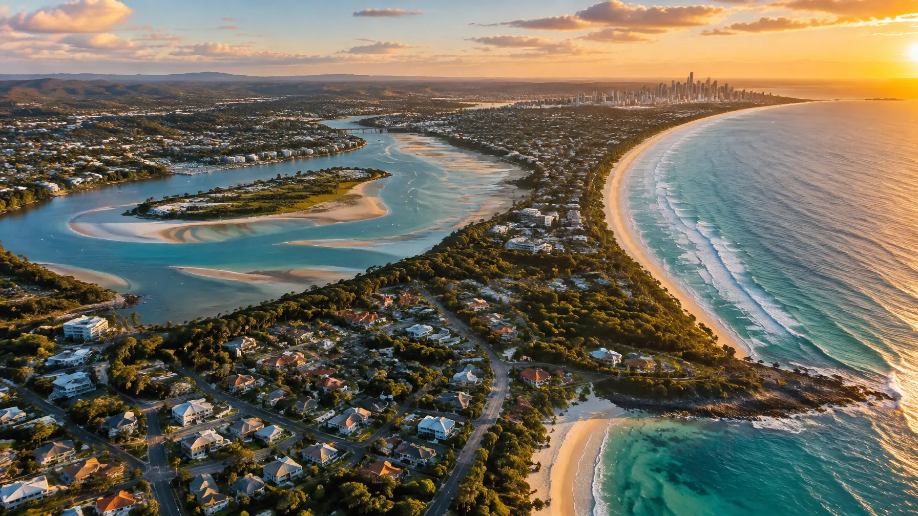 Sweeping golden-hour aerial view of a South East Queensland coastal and suburban scene with a river, beach and city skyline