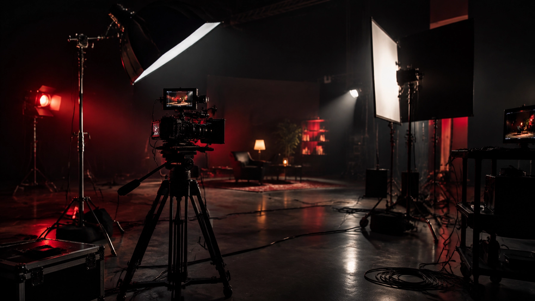 Camera and lighting setup prepared for a cinematic automotive and business film