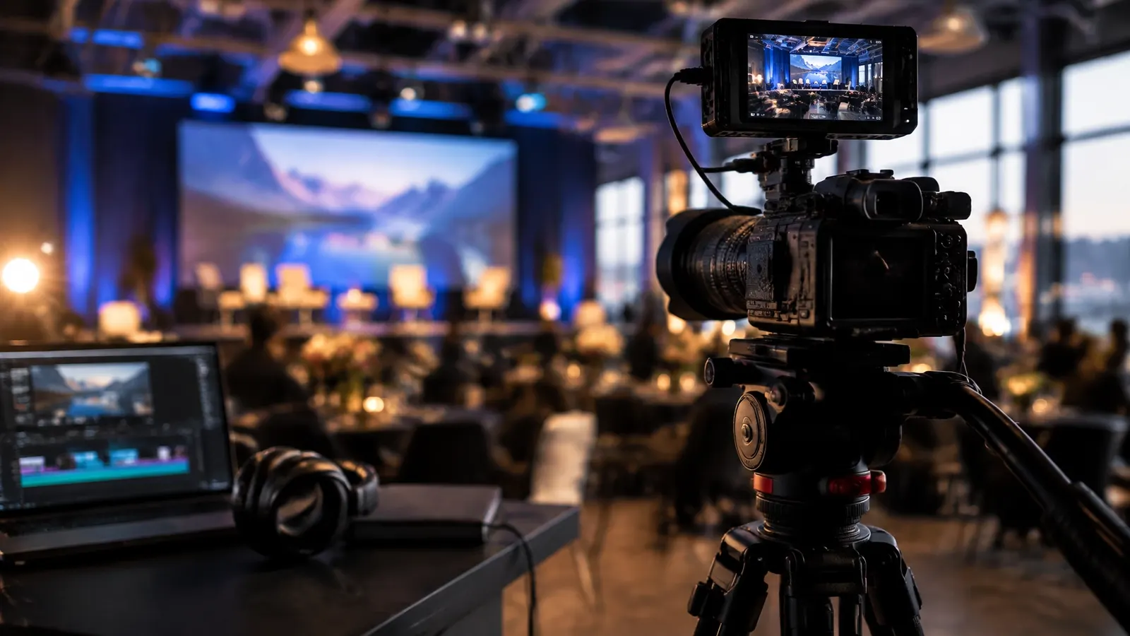 Event film camera framing people and atmosphere under warm practical lighting